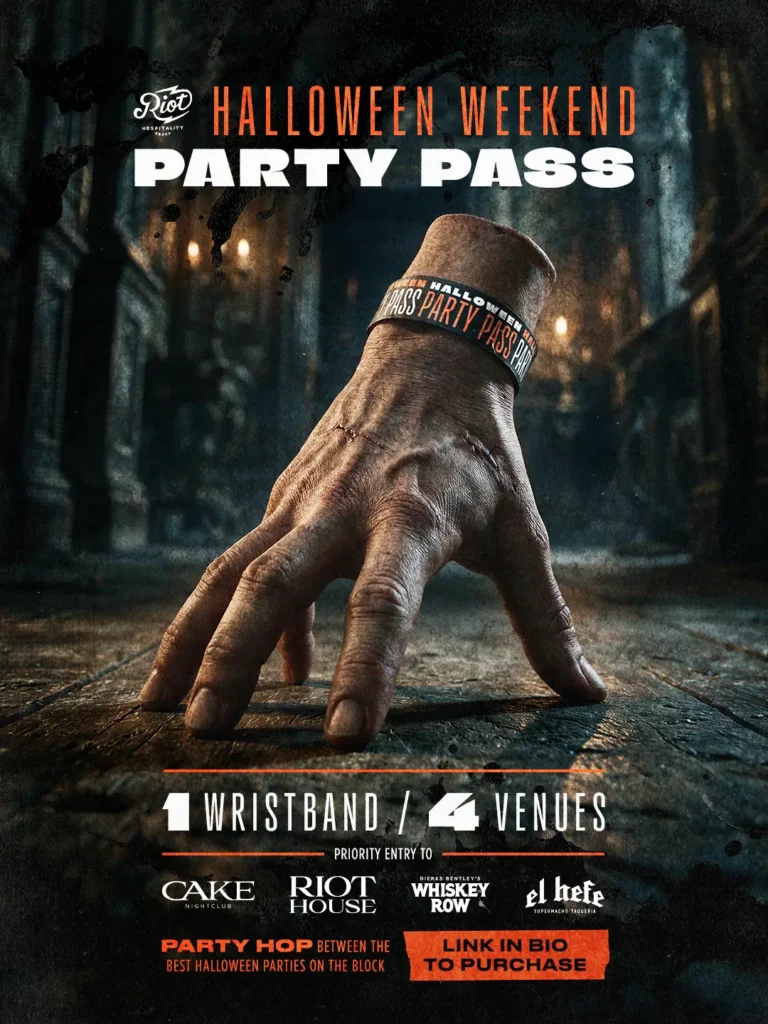 Halloween weekend party pass 2026 riot hospitality group 1 wristband 4 venues